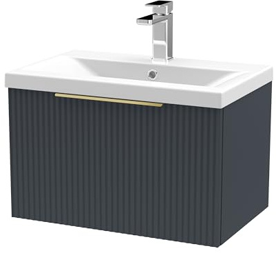Balterley Vanity Unit with Basin Wall Hung, Single Drawer Soft Close with Mid Edge Sink and Handle, Bathroom Vanity Units with Basin, Fluted Front Sink Cabinet - 610 x 390 x 399mm (Dark Grey)