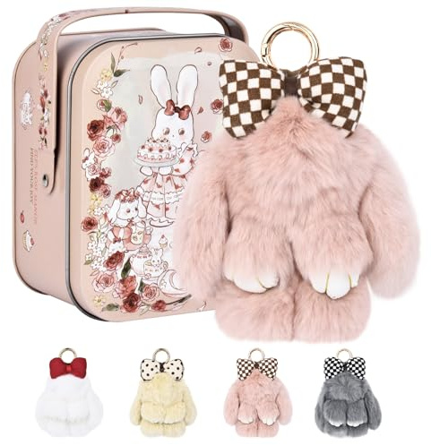 Lilbitty Porte-clés Lapin en Peluche Rose avec Nœud à Carreaux, Accessoire Douillet pour Sacs pour Femmes et Enfants