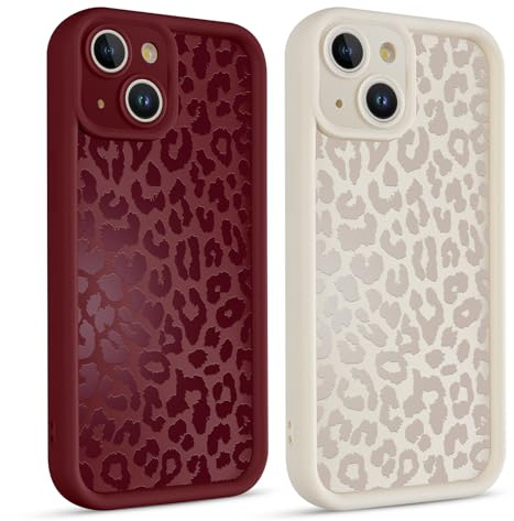 Kueqeay 2 Stück Handyhülle für iPhone 14 hülle 6,1, Aesthetic Leopard Leo Mädchen Muster Design Schutzhülle Rot Weiß Silikon weiblich Cute Case Stoßfest Kameraschutz Bumper Cover