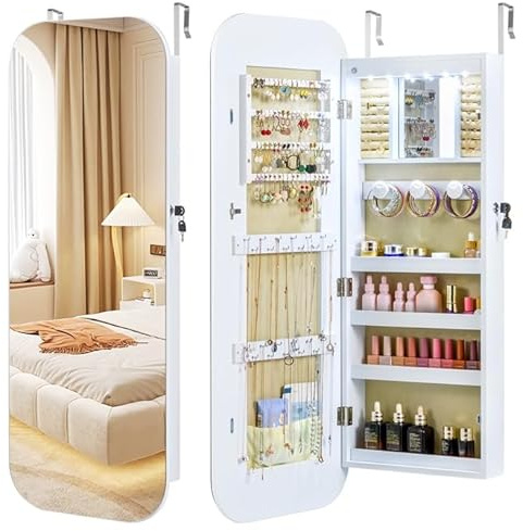 COSTWAY Specchio Portagioie da Parete, con 6 Luci LED | Armadietto per Gioielli a Muro, Ganci e Scomparto, Portagioie Donna Salvaspazio con Serratura per Camera da Letto