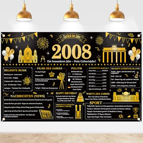 18 Geburtstag Deko Schwarz Gold - 110x180cm Hintergrund 2008 Zurück im Jahr Banner Poster Party Dekoration für Drinnen und Draußen, 18 Jungen Geburtstagsfeier Deko