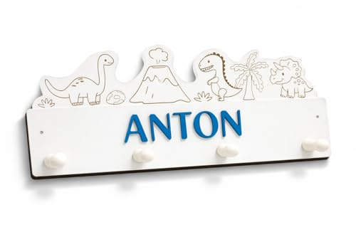 Traumwelten-Zimmermann Personalisierte Kindergarderobe Dinosaurier aus Holz – Wandgarderobe Kinderzimmer mit Name – Garderobe für Kinder mit Dino-Motiv – 3D Buchstaben in 19 Farben – ca. 39×18 cm