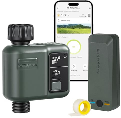 WILAWELS Ordenador de Riego WiFi, Temporizador de Manguera, Programador de Aspersores, Riego Inteligente, Modo Automático y Manual, Alcance 300 m, para Jardín, Césped, Terraza, Verde Oscuro ZD31WTD06