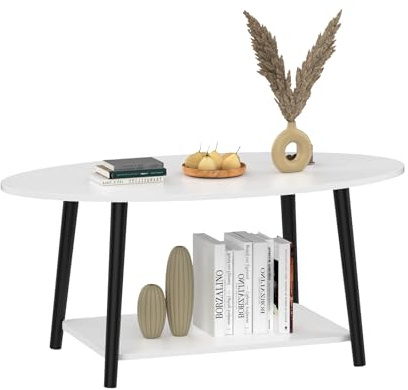 HUOLE Teetisch aus Holz, ovaler Couchtisch mit Ablagefläche, Wohnzimmermöbel, Design Spanplatte, Buchenholz, 100 x 53 x 45 cm – Weiß