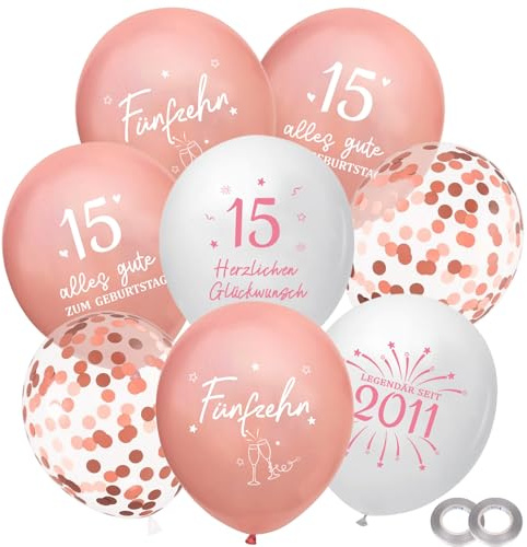 Whimzey Originell Personalisiert Luftballon 15 Geburtstag Mädchen Deko,25 Stk Geburtstagsdeko 15 Jahre Roségold Weiß,Luftballons 15. Geburtstag Mädchen,Geschenke,Ballon Deko 15 Geburtstage für Tochter