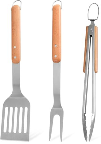Fyfjur Grillbesteck Set, Robustes Grill Zubehör Edelstahl - Grillzange, Grillspachtel und Fleischgabel mit Langen Holzgriffen und Aufhänge-Ösen