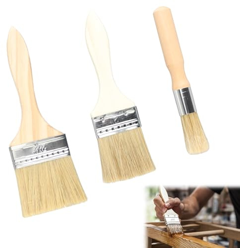 Chalk Paint and Wax brush Set, Bristle Paint Brush Wooden Handle Masonry Paintbrush 3 Pcs Furniture Paint Brushes Kit Includes Round Paint Brushs 2 Inch 2.5 Inch Flat Brushes for Painting or Waxing