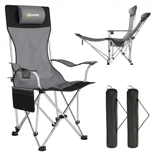 Outsunny Campingstuhl 2er Set Faltbar 4-Fach Rückenlehne Angelstuhl Schwarz | Abnehmbare Fußablage, Getränkehalter, Kopfstütze, Gartenstuhl, 120 kg, Liegestuhl, für Erwachsene, Klappstuhl, Strandstuhl