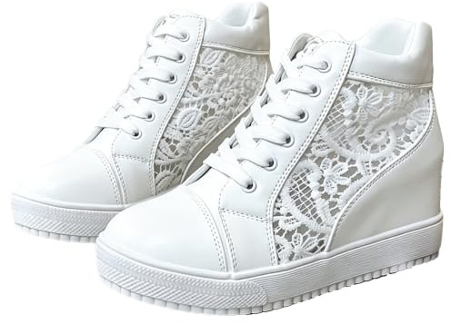 Baskets compensées en dentelle respirante pour femme - Style décontracté - Bout rond - Talon caché - Chaussures habillées en dentelle - Chaussures de mariage pour mariée