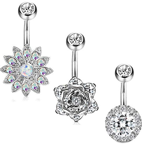 JewelryWe Schmuck 3 Stück Bauchnabelpiercing Bauchnabel Ringe Edelstahl Zirkonia Bauch Ringe Gebogen Nabel Barbell Piercing Blume für Damen, Silber/Gold/Rosegold