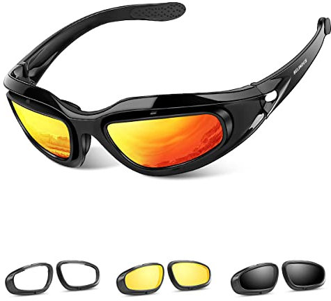 BELINOUS BELINOUS Polarisierte Motorrad-Reitbrille, taktische Brille mit schwarzem Rahmen, 4 Gläser-Set, Kupferrauchfarben, transparent, gelb, für Sport, Outdoor-Aktivitäten, Radfahren, Wandern,