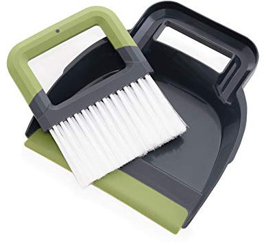 CleanPEAK Mini Portable Dustpan and Brush Set with Soft Grip Handle - 21cm x 19cm x 3cm – Grey/Green