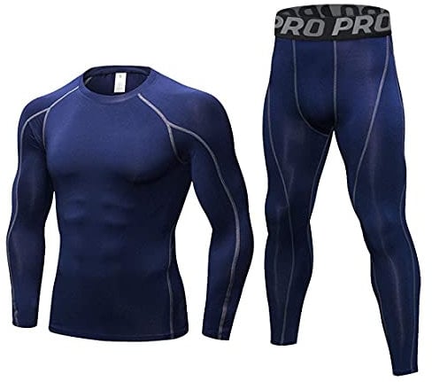 LANBAOSI Men's Gym Running Base Layer Top and Leggings Set Long Sleeve Compression Shirt Tights Thermal Underwear Suit, Navy Blue, M