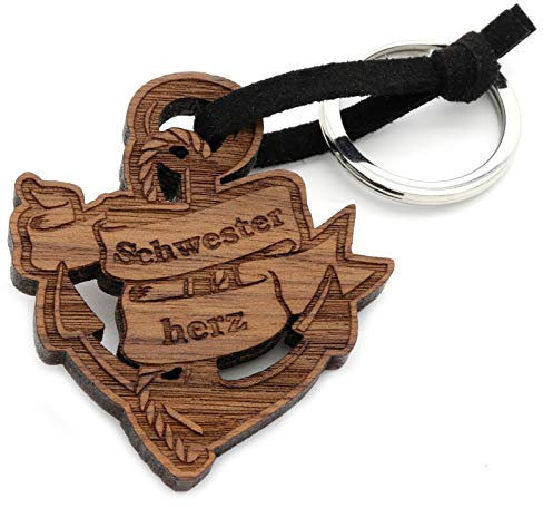 NaturSchatulle Schlüsselanhänger aus Holz mit Gravur Schwesterherz Nussbaumholz mit Edelstahl Schlüsselring Band Schlüsselbund Geschenkidee