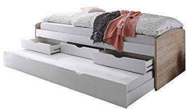 Funktionsbett Clara 90 * 200 Eiche Sonoma mit ausziehbarer Gästeliege + 3 Schubladen Kinderzimmer Jugend Studenten Tandem Sofa Tages Kojen Auszi