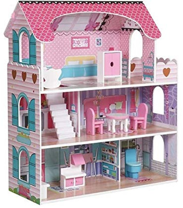 Wooden Play Doll House With Accessories & Furniture Role Play Doll House 4 Designs Christmas, Birthday Girls Gift (Design 1)