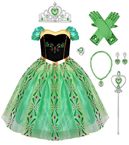 IMEKIS Enfant Filles Princesse Anna Robe Reine Des Neiges Costume Carnaval Déguisement Cosplay Habiller Fleur Robe De Fête D'anniversaire avec Fée Accessoires Tenue Verte+Accessoire 7-8 ans