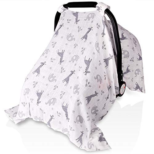 Metplus Baby-Autositzbezüge für Jungen und Mädchen, Musselin, leicht, atmungsaktiv, für Neugeborene, Kinderwagen-Abdeckung, universelle Passform, große Größe 119,9 x 89,9 cm, Elefanten-Giraffe