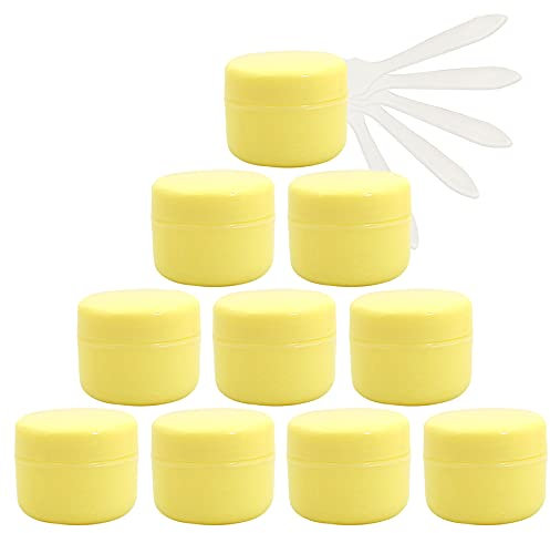 TIANZD 12 Pieces Empty 50ml Yellow Plastic Cosmetic Jars with Screw Lid, 50g Small Pot with Inner Linner for Cosmetic Travel Homemade Cream Gel Lip Balm Salve Storage Containers+ 5X Spatula