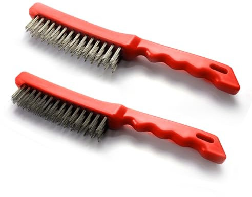 MAXMAN Cepillo de alambre resistente de acero inoxidable de 12 pulgadas con mango de plástico, descalcificador, soldadura de polvo, herramienta de mano, cepillo de Teel, rojo, negro y plateado