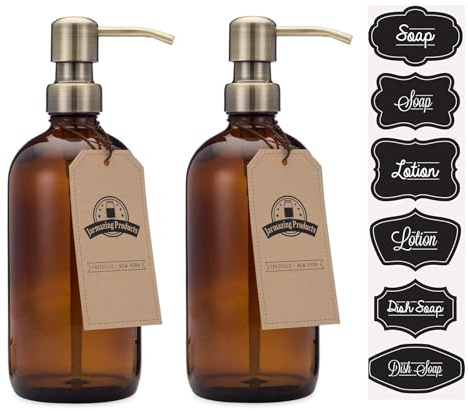 Amber Glass Bottle Soap and Lotion Dispenser with Brass Pump - 16 oz - 2 Pack - by Jarmazing Products