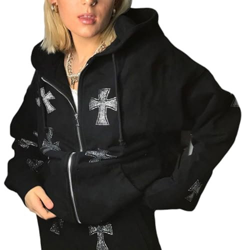 Geagodelia Damen Kapuzenjacke Kapuzenpullover Vintage Sweatjacke Sweatshirt College Jacke Übergangsjacke Zip Hoodie Hoody mit Kapuze Y2K Fashion Top Frühling Herbst (Schwarz - Kreuz, L)