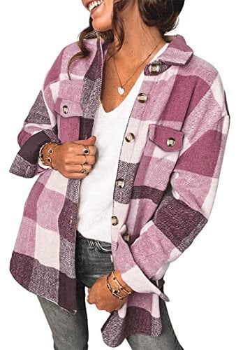 Saslax Damen Cordhemd Langarm Oversized Button Up V Ausschnitt Blusen Tops Lose Shacket Jacke, C-kariert rot, X-Groß