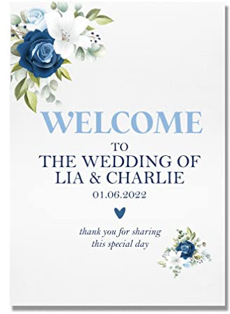 Personalised Navy & Blue Floral Welcome Sign for Wedding/Hen Do/Birthday Party/Baby Shower (KP81) (A3)