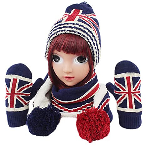 3 Pieces Baby Boys Girls British Winter Earflap Hat Scarf Mittens Set 3-8Y Union Jack Kids Warm Knit Beanie Hat Neck Warmer Gloves Set Toddler Insulated Knitted Hat Cold Weather Winter Accessory