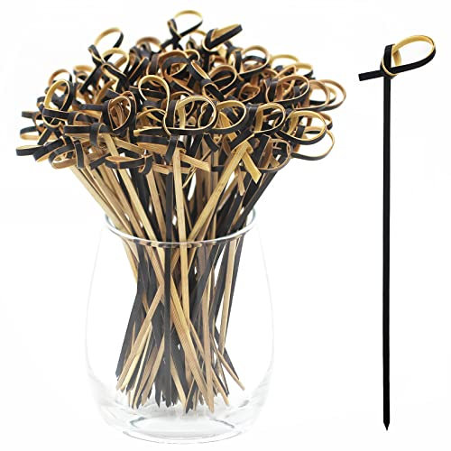 BLUE TOP Bamboo Cocktail Picks 100 PCS Black Bamboo Skewers 6 Inch with Looped Knot, Food Picks,Party Toothpicks for Appetizers,Cocktail Drinks,Barbecue Snacks,Club Sandwiches.