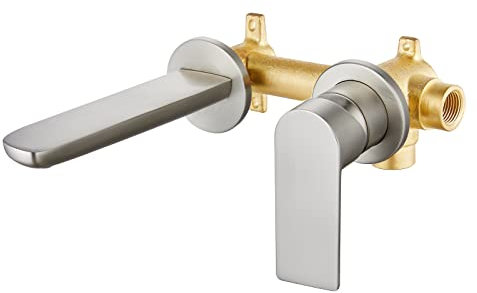 Aolemi Robinet mural pour lavabo de salle de bain, robinet mural à poignée unique en nickel brossé avec valve brute en laiton à bec long