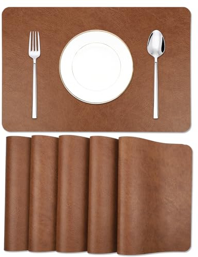 EDanle Tischsets aus Kunstleder, Rindsleder-Muster, hitzebeständig, rutschfest, wasserdicht, abwischbar, waschbar, für Küche, Esszimmer, PU-Tischsets, doppelseitig erhältlich, dunkler Kaffee, 6 Stück