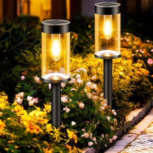 Nipify Solarlampen für Außen Garten, 【2 Stück】Auto Ein/Aus Solarleuchten Garten, Solarleuchten Garten mit Warmweiß Wolfram Licht, IP65 Wasserdicht Solar Gartenleuchten für Gartendeko Rasen Balkon Hof