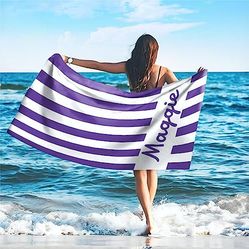 SearchI Personalisiertes Strandtuch mit Individuellem Namen 76X152cm,Schnell Trocknendes Mikrofaser Strandtuch Bequem und Weich Badehandtuch für Strand, Reise, Sauna(Lila-Streifen)