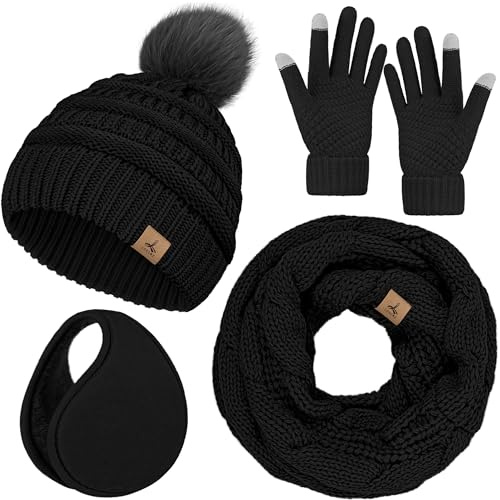 Wintermütze, Schal, Handschuhe und Ohrenwärmer, warme Strickmütze, Touchscreen-Handschuhe, Set, Wintergeschenke, Halstücher für Damen