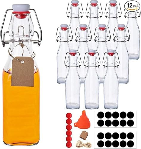 RusseryPek Glasflaschen mit Bügelverschluss, 250 ml, mit luftdichten Stopfen für Heimbrauen, Bier, Kombucha, Kefir, Vanilleextrakt (Bonus-Dichtungen, Etiketten und Trichter), 12 Stück