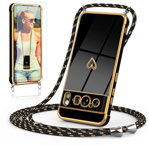 Togestar Handykette Hülle für Google Pixel 8 Pro Handyhülle mit Band und Schutzfolie, Kameraschutz Herz Love Design 360 Grad Stoßfeste Schutzhülle Silikon TPU mit Kordel zum Umhängen, Schwarz