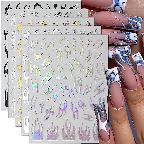 8 Blätter 3D Flamme Nagelaufkleber Metallic Silber Nagelsticker Damen Flammen Nagel Stickers Schwarz Weiß Gold Feuer Nagelfolie Selbstklebend Nagel Sticker Y2k Nail Art Aufkleber Nageldesign Zubehör