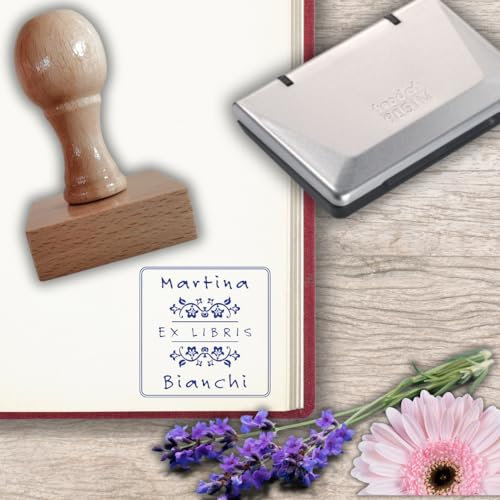 Ex Libris, Timbro in Legno Personalizzato per Libri, Idea Regalo, Appassionati di Libri, Forma Quadrata 40x40 mm, Disegno Rami Fioriti | Scatola Regalo, Biglietto e Cuscinetto Inchiostro Viola Inclusi
