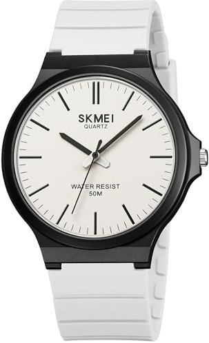 Orologio da polso unisex analogico al quarzo, da uomo, minimalista, da donna, 5 ATM, impermeabile, semplice, classico, da uomo, donna, adolescente, sportivo, bianco, Bracciale