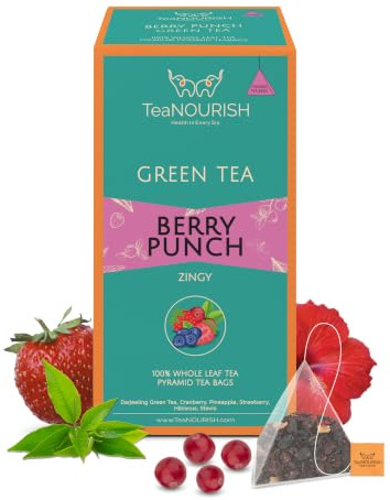 TeaNOURISH Berry Punch Grüntee | 20 Pyramiden-Teebeutel | Spritzig und erfrischend | Darjeeling ganze Blätter | 100% natürliche frische Beeren und Hibiskusblüten