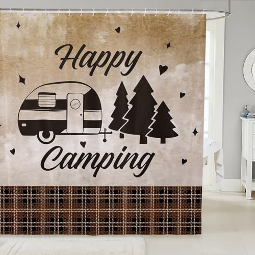 feelingyou Wohnmobil Stoff Duschvorhang, Glückliches Camping RV Innen Dekor Bad Vorhang für Stände, Rustikales Gitter Camper Muss Haves 2024 wasserdichte Bad Vorhänge mit Haken, M Größe
