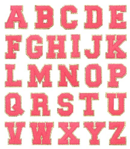 sourcing map 26pcs Glitters Chenille Letter Patches 5.5cm / 2.17 Chenille Iron-On Letter Patches Applique for Clothing Hats Jeans Shoes Bags (Rose Pink, Letter A-Z)
