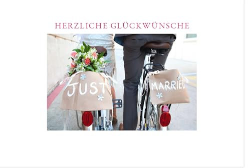 Hochzeitskarte Just Married Fahrrad - Romantische Glückwünsche für das Brautpaar mit Blumenstrauß zur Hochzeit - mit Umschlag