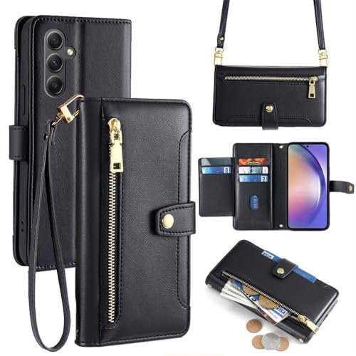 Hülle Kompatibel mit Samsung Galaxy A34 | Leder Handyhülle Praktische Handykette Kartenfächer Brieftasche Umhängetasche Kompatibel für Galaxy A34 | Schwarz