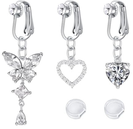 Briana Williams 3 Stück fake bauchnabelpiercing bauchnabel Clip on nicht piercings bauchnabel schmuck Silber Schmetterling Herz CZ