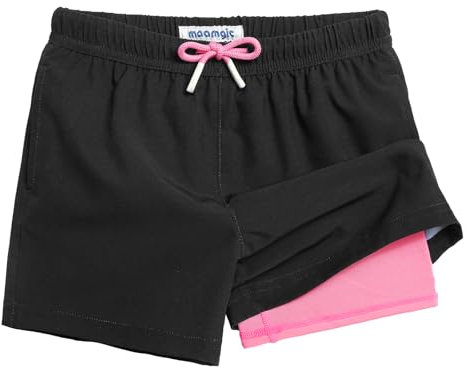 MaaMgic Badehose Jungen Kinder | Schnelltrocknend Kurz Swim Shorts für Kleine | 2 in 1 Badeshorts mit Kompression Innenhose Taschen Verstellbare Tunnelzug MEHRWE,19 Schwarz und Rosa,14-16 Jahre