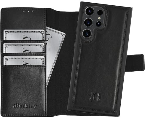 Burkley 2-in-1 Leder Handyhülle für Samsung Galaxy S23 Ultra mit Abnehmbarer Schutzhülle, 360 Grad, abnehmbares Cover, Kartenfächer und Kick-Stand (Schwarz)
