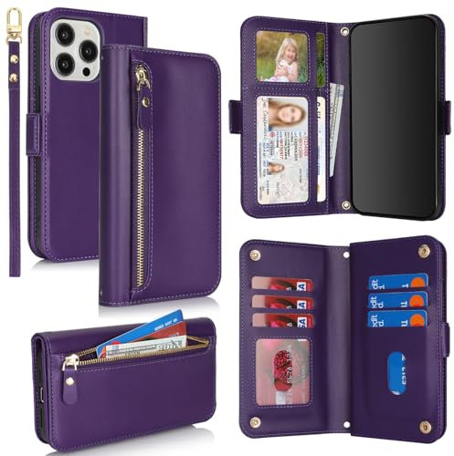 SailorTech for iPhone 12 Pro Max Phone Case Wallet with Card Holder for Women, iPhone 12 Pro Max Wallet Case with Credit Card Slots Flip Case Zipper Shockproof Case for Men - Purple