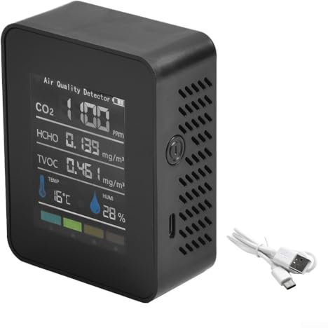 Misuratore della qualità dell'aria con monitor ricaricabile 5 in 1 per HCHO, TVOC, temperatura, umidità (nero)